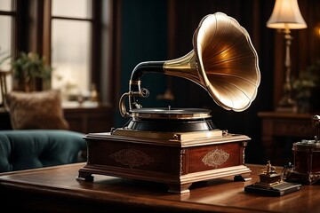 Old gramophone on a  wooden table