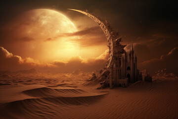 fantastic banner with a mosque in the desert on a yellow moon background