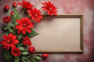 Lush red flowers on blank frame on a textured background - Mockup