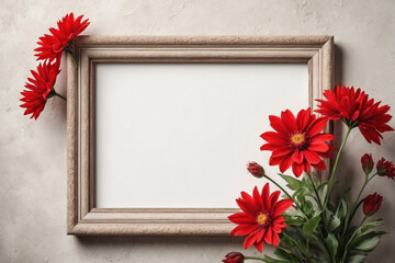Obraz premium Lush red flowers on blank frame on a textured background - Mockup