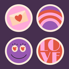 Set of Valentine Day icons, round flat stickers with romantic symbols, flower and characters. Vector illustration.