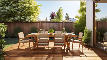 Elegant outdoor dining setup on a wooden deck with garden view