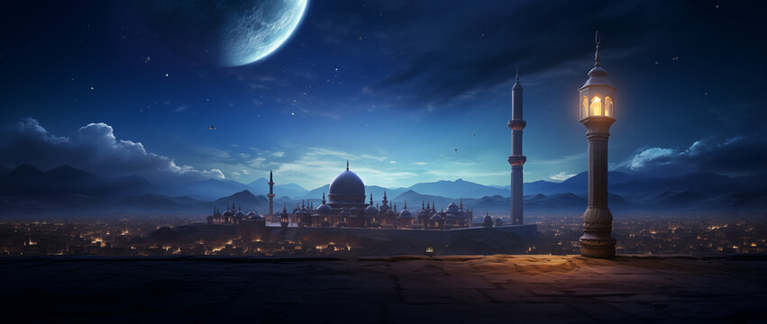 magical landscape with a mosque at dusk on the background of the sky with the moon