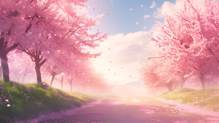 blossoming sakura trees in the light of the sun and sakura petals lie on the paths with copy space and place for text © katerinka