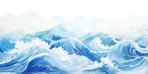 Abstract blue watercolor ocean waves with dynamic motion and splash