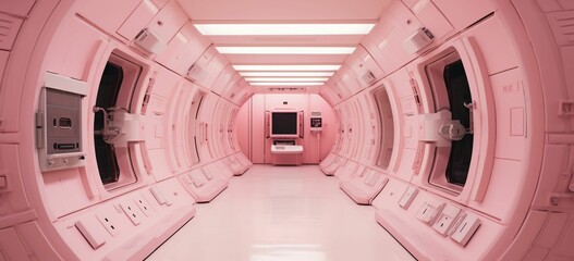 Pink retro sci-fi spaceship hallway design. AI-generated. - obrazy, fototapety, plakaty
