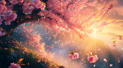 blooming sakura trees and sakura flowers close up in the light of the sun with place for text and free space - Powered by Adobe