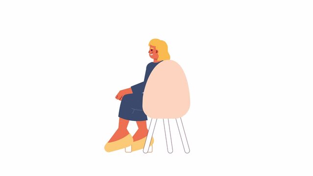 Caucasian adult woman sitting in chair back view 2D character animation. European lady seminar attendee flat cartoon 4K video, transparent alpha channel. Lecture participate animated person on white
