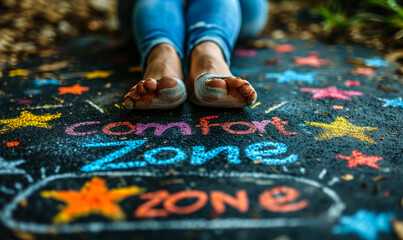 Naklejka premium Personal growth and self-improvement concept with bare feet standing at the edge of a chalk-drawn circle labeled comfort zone surrounded by colorful stars