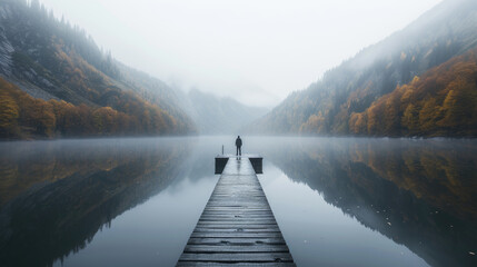 Misty autumn morning at mountain lake with man on wooden pier