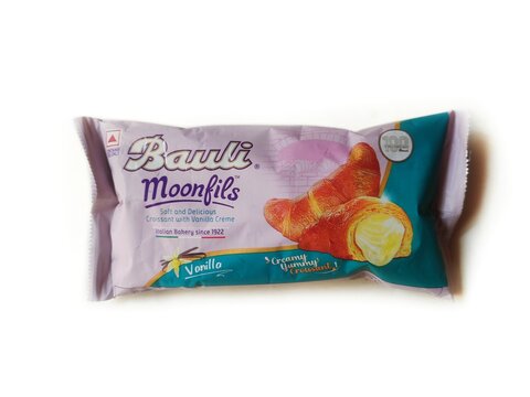 Guwahati, Assam, India - February 10, 2024 : Bauli Moonfils, Vanilla offers oven baked soft puff roll with vanilla cream inside. 