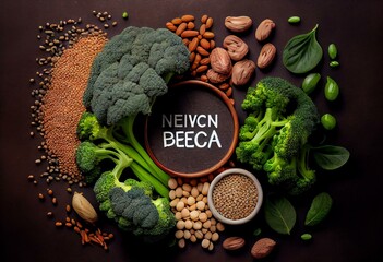 Vegan protein source. Legumes, beans, lentils, nuts, broccoli, spinach and seeds. Top view with copy space. Healthy vegetarian food. Generative AI