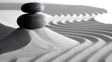 Fotobehang Black and white photo of balanced Zen stones on raked sand, evoking peace and simplicity in a minimalist setting. © doraclub