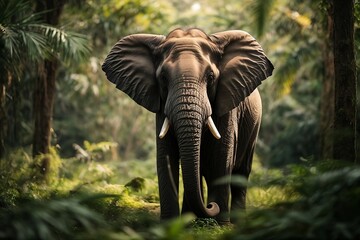 A majestic elephant lush green forest.