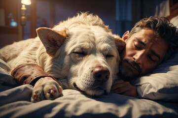 man and dog sleeping together in white bed at home, dog sleep with his owner, Pet Allergies concept