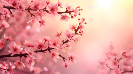 Rolgordijnen sakura branch closeup with space for text on pink background © katerinka
