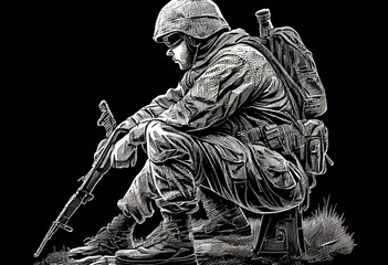 Line art drawing illustration of an American Vietnam War soldier with rifle kneeling pointing forward looking at viewer done in medieval style on isolated background. Generative AI