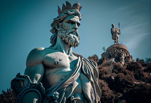 Poseidon Le statue aside Phare Lighthouse at southern rocky shore of Cap Ferrat cape at French Riviera of Mediterranean Sea in Saint Jean Cap Ferrat in France. Generative AI