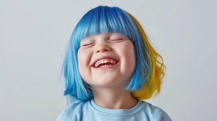 funny child with down syndrome in a blue and yellow wig, colors symbol of down syndrome, white background. 