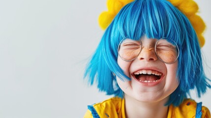 funny child with down syndrome in a blue and yellow wig, colors symbol of down syndrome, white background. 