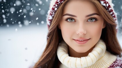 A smiling young woman in a sweater is captured in close-up as delicate snowflakes gently fall around her against the backdrop of winter mountains.