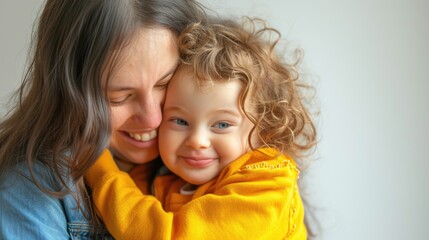 cropped portrait of mother and little child hugging,   blue and yellow colors symbol of World Down Syndrome Day. Autism, disability, solidarity, awareness