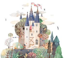 Naklejka premium Castle in the forest. Cute city among the clouds and trees. Decor for a children room. Watercolor background.