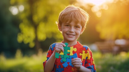 World autism awareness day. Portrait of a cute kid with the colorful puzzles pieces. Autism Spectrum Disorder concept, ASD, Syndrome, child mental health concept, autistic kid