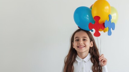 Fototapeta na wymiar World autism awareness day April 2. Autism Spectrum Disorder concept, ASD. Little girl with colorful puzzle design balloon symbol of public awareness for autism spectrum disorder. Caring, Speak out