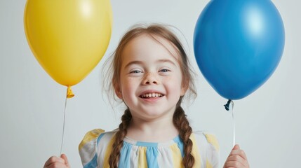 Fototapeta na wymiar Concept of World Down Syndrome Day. People kid holding yellow and blue balloons. Autism, disability, solidarity, awareness, campaign. Children disability