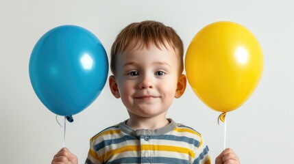 Fototapeta na wymiar Little boy with two blue and yellow balloons, colors symbol of World Down Syndrome Day. Autism, disability, solidarity, awareness, campaign. Children disability