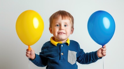 Fototapeta na wymiar Little boy with two blue and yellow balloons, colors symbol of World Down Syndrome Day. Autism, disability, solidarity, awareness, campaign. Children disability