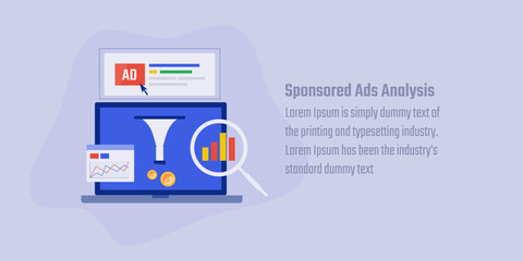Sponsored ad analysis, Paid ad campaign performance, Digital ads redirecting visitors to sales page, conversion page optimization, Vector illustration banner with icons