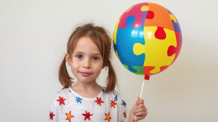 Fototapeta premium World autism awareness day April 2. Autism Spectrum Disorder concept, ASD. Little girl with colorful puzzle design balloon symbol of public awareness for autism spectrum disorder. Caring, Speak out