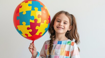 World autism awareness day April 2. Autism Spectrum Disorder concept, ASD. Little girl with colorful puzzle design balloon symbol of public awareness for autism spectrum disorder. Caring, Speak out