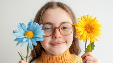 World Down Syndrome Day. Children girl with blue and yellow flowers. Down syndrome awareness day flower on white background