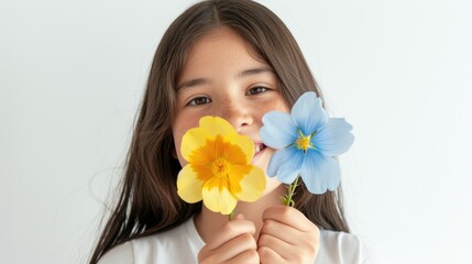 Obraz na płótnie Canvas World Down Syndrome Day. Children girl with blue and yellow flowers. Down syndrome awareness day flower on white background