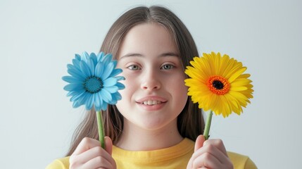 World Down Syndrome Day. Children girl with blue and yellow flowers. Down syndrome awareness day flower on white background