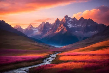 Foto op Plexiglas A landscape of mountains with a beautiful sunset © AungThurein