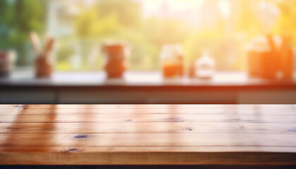 Naklejka na ściany i meble Wooden table on blurred kitchen background