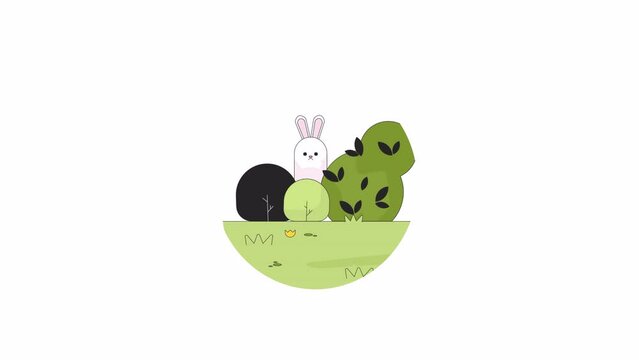 Cute bunny hiding in bushes line 2D character animation. Herbivore animal wild springtime flat color cartoon 4K video, alpha channel. Shrubs nature curious rabbit animated animal on white background