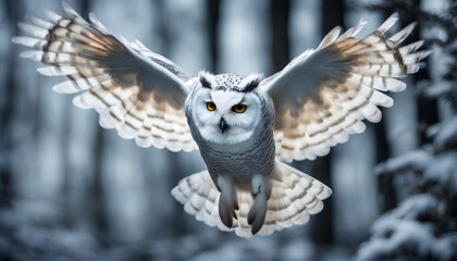 Photo of a white owl in flight, wild photography