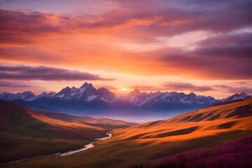 Naklejka na ściany i meble A landscape of mountains with a beautiful sunset