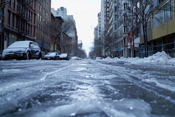 A frozen street in the city . result of global warming and climate change