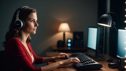 Concentrated Female Editor Working Late at Her Desk in a Studio Environment