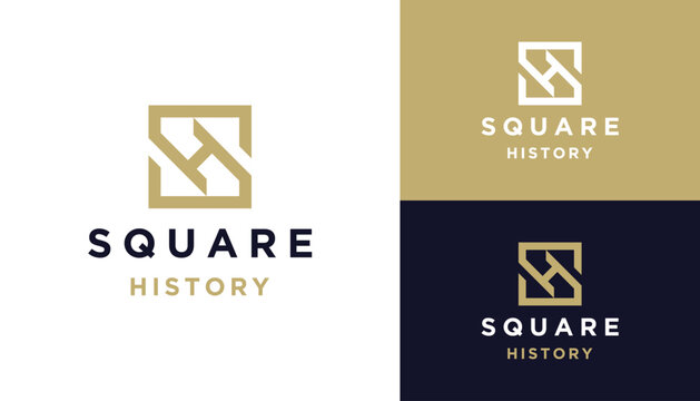 Golden Initial Letter S H SH with Modern Elegant Luxury Square Line Art Logo Design