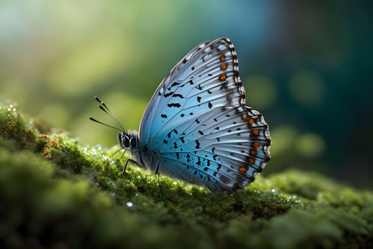A close up of a blue morpho butterfly