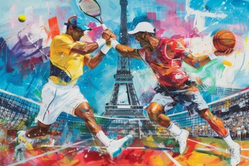 tennis and basketball player on a stadium, Eiffel tower in background. Summer Olympics in France 2024. Generative AI