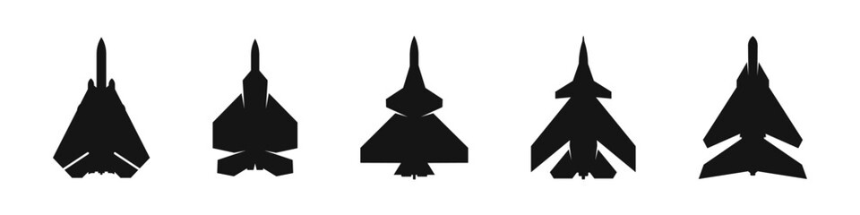 Obraz premium Military aircrafts icon set. Military aviation silhouettes. Air forces