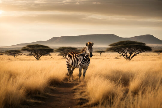 A closeup of a zebra in a savannah